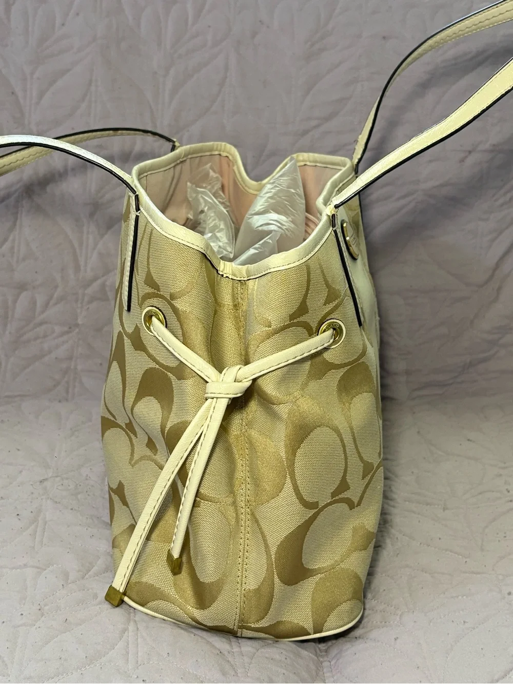 Coach Beige Signature Canvas Tote with Cream Trim